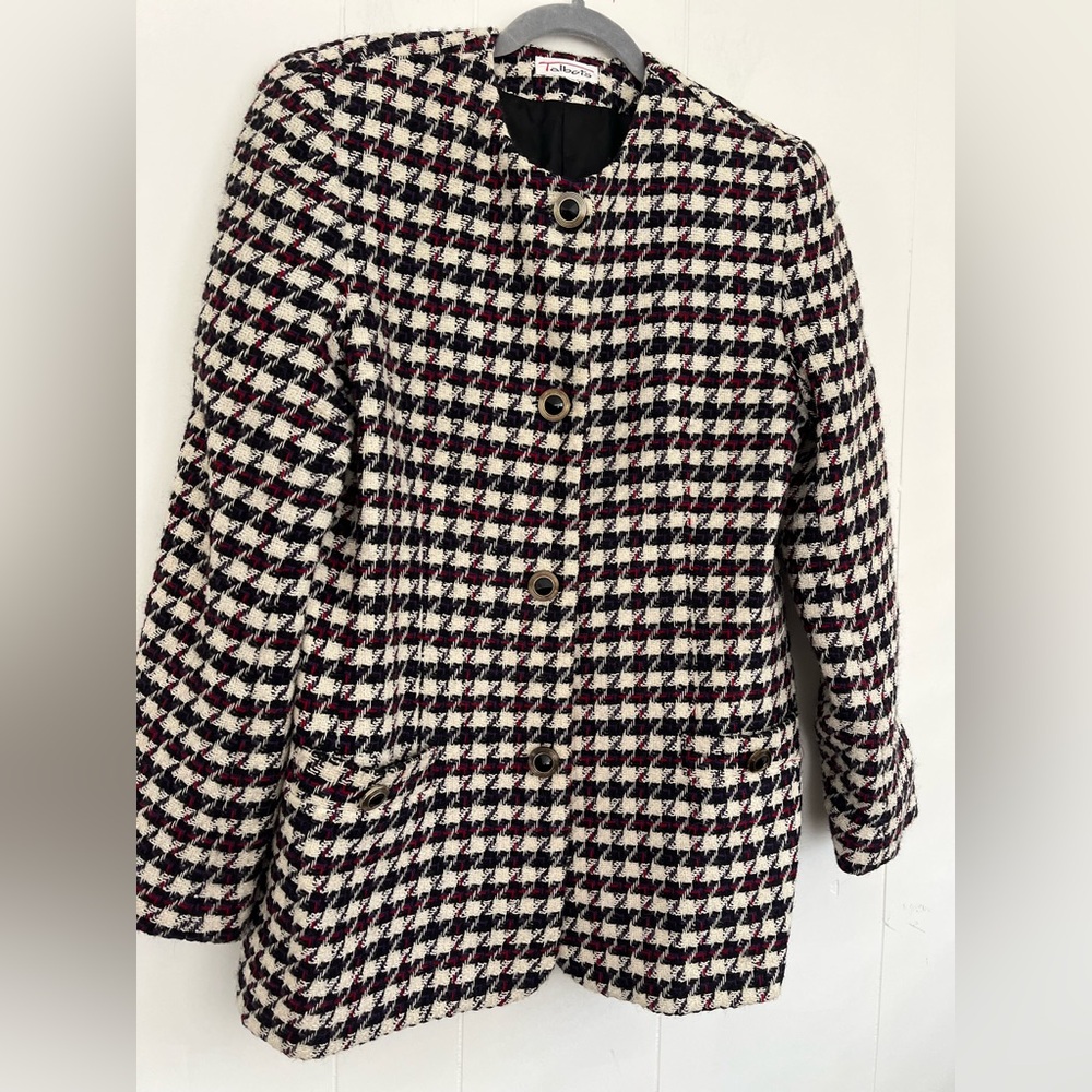 VTG Talbots Wool Tweed Blazer Black White Purple Red Houndstooth Blazer Size 12 - Picture 5 of 16